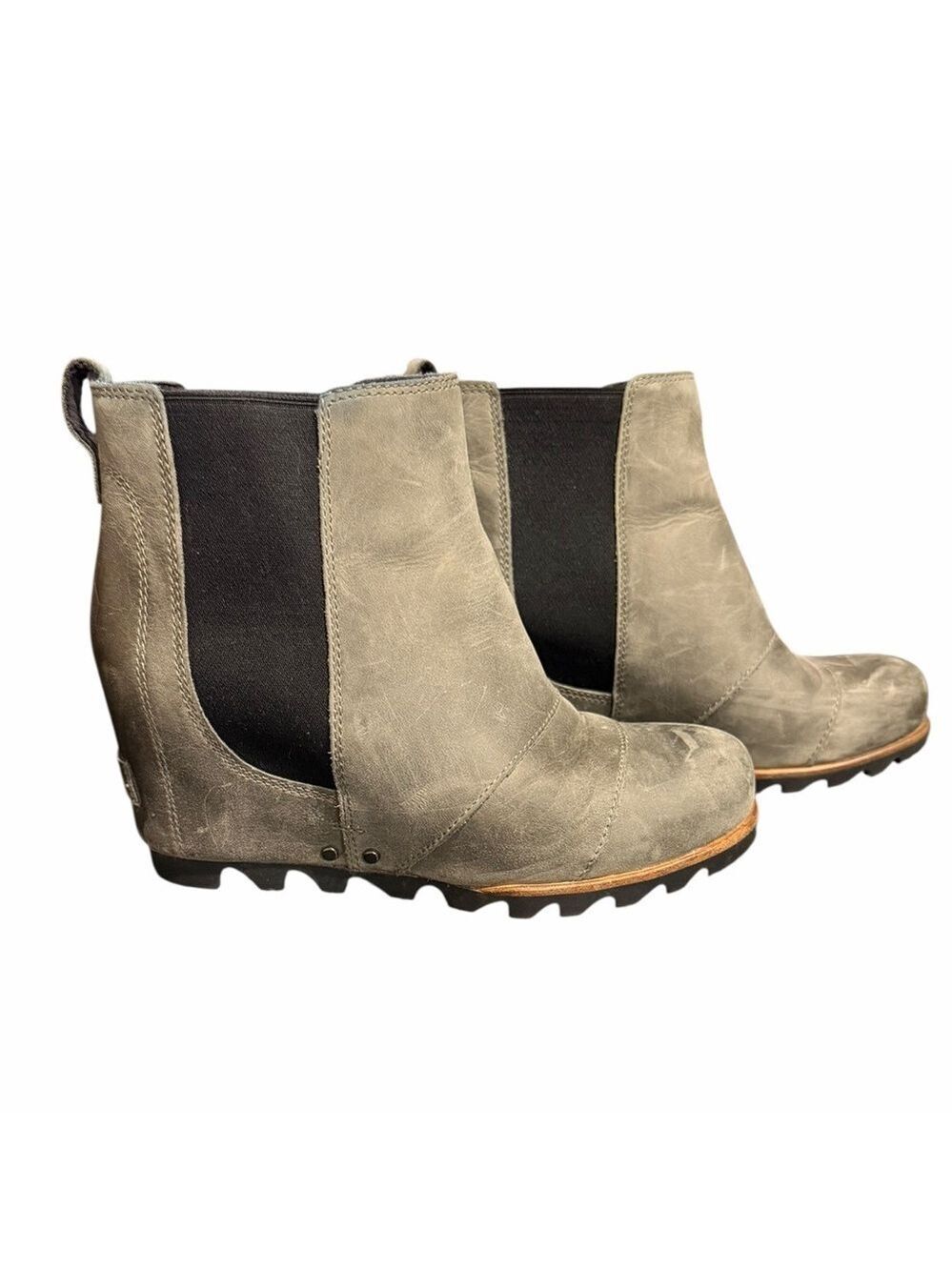 Sorel Lea Wedge Chelsea Comfort Boots Olive Gray Waterproof Distressed 6.5